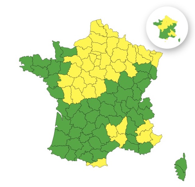 7c3f4dfd-df78-4184-aefa-beb0f11a2279 42 départements placés en vigilance jaune orages par Météo-France