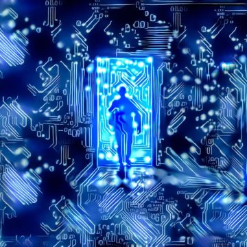 Blue toned digital circuit man walking through electronic door Transhumanisme et l’impact spirituel de la technologie