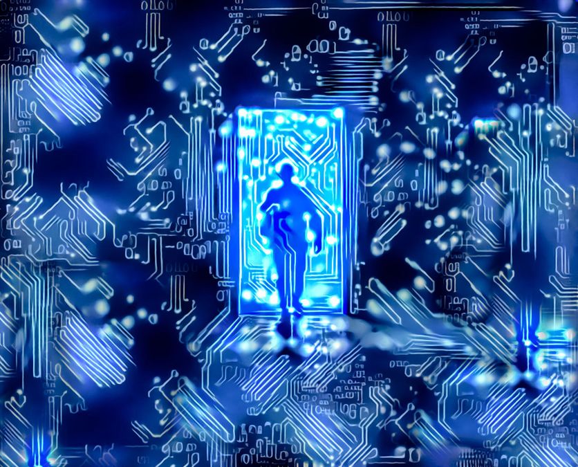Blue toned digital circuit man walking through electronic door Transhumanisme et l’impact spirituel de la technologie