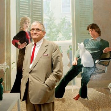 British artist Hockney poses in front of double portrait in London David Hockney : Un Peintre Inoubliable