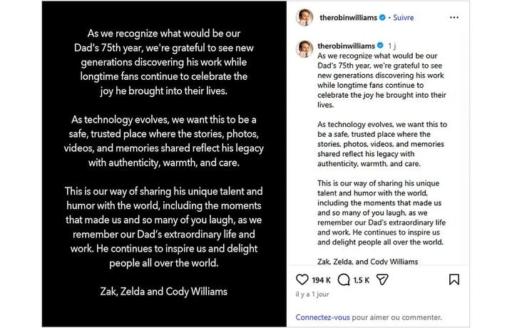 0841ac4f-2931-4c6e-bc28-f5c72f903d06 Les enfants de Robin Williams relancent son compte Instagram pour préserver sa mémoire