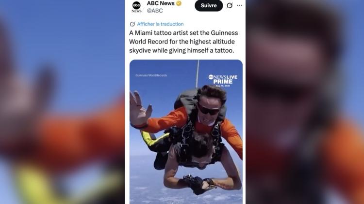 0f4fee0a-f053-4947-bcd3-5511b8d7b38e Un tatoueur américain bat un record en se tatouant pendant un saut en parachute