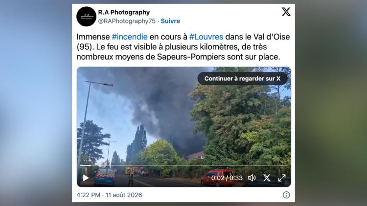 34affc7e-3407-44df-8707-2f6c95967c03 Incendie dans un entrepôt à Louvres : mobilisation massive des pompiers