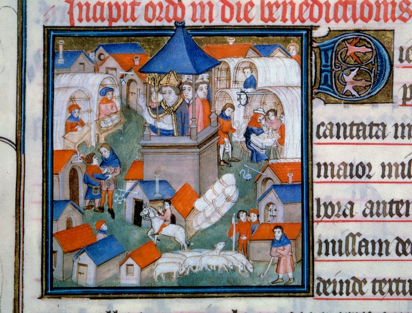 View of the Lendit fair, popular gathering and walking in the city of Saint Denis The eveque of Paris blessed the opening of this event. Miniature from “Pontifical de Sens”” 14th century Paris, B.N. Réédition du livre ‘Marchands et banquiers du Moyen Âge’ de Jacques Le Goff
