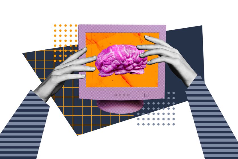 Composite sketch image design trend artwork collage of incognito hand touch hold monitor retro vintage computer brain creative think Nos vies écorchées : l’écran nous déshumanise-t-il ?